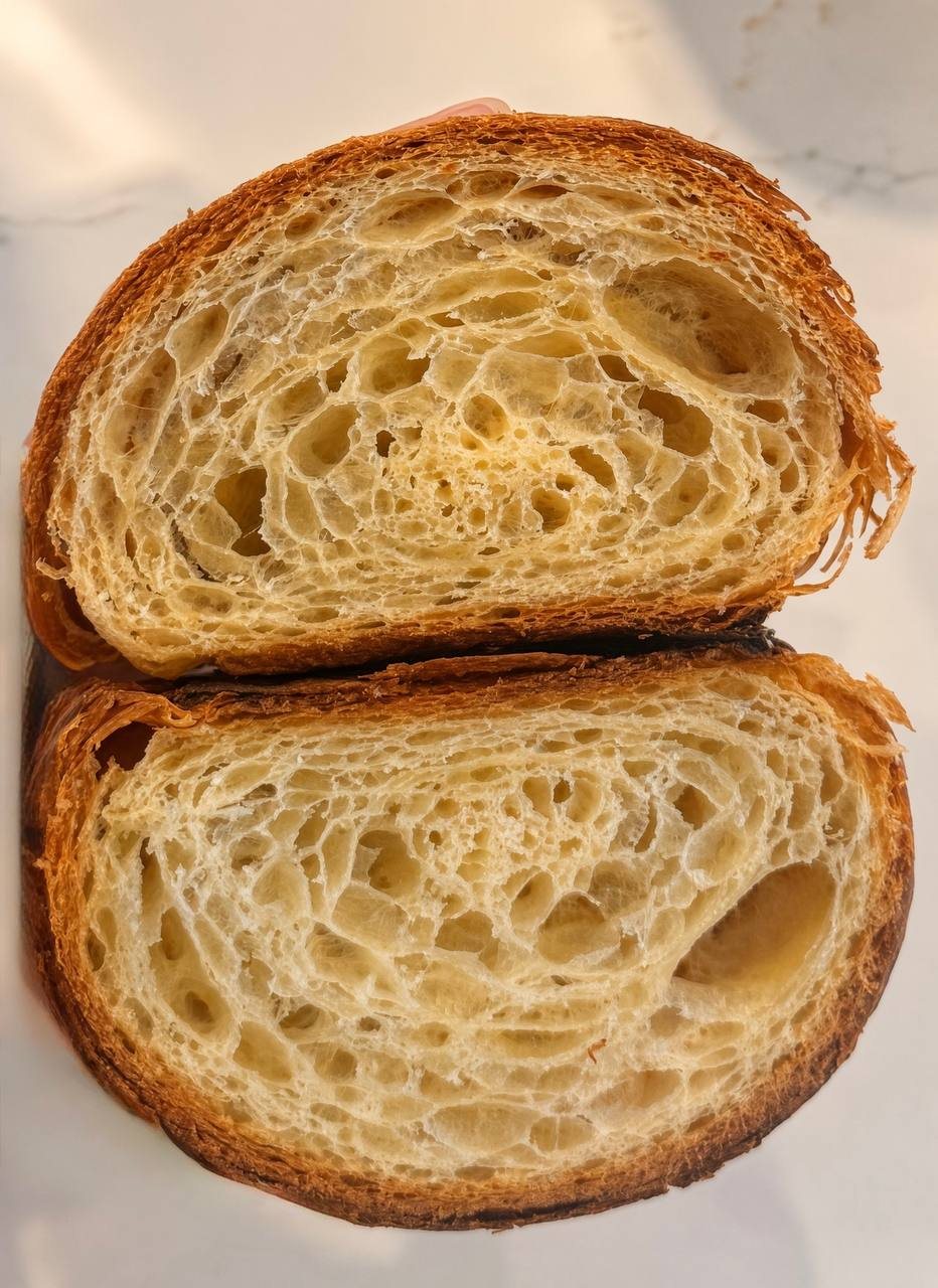 Croissant cut open to show its honeycomb crumb
