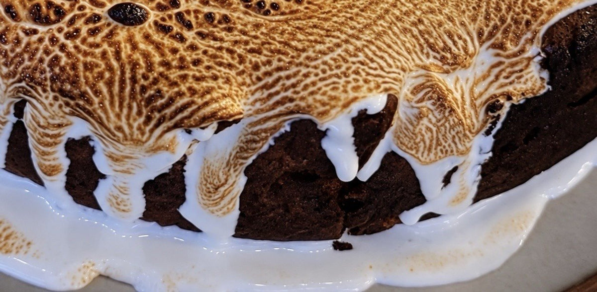 Chocolate cake under torched meringue, dripping over the edge